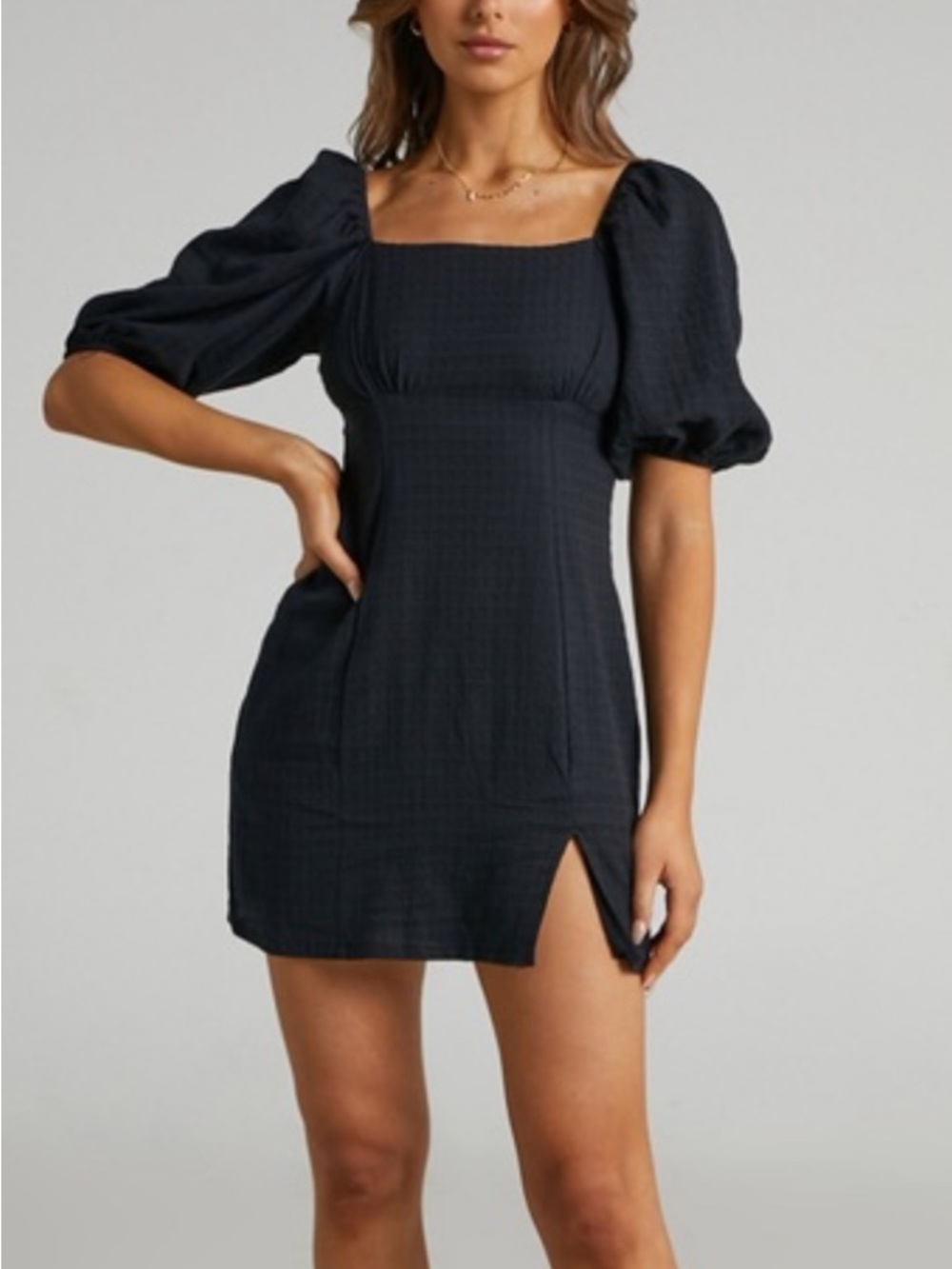 Showpo Black Square-Neck Puff Sleeve Mini Dress